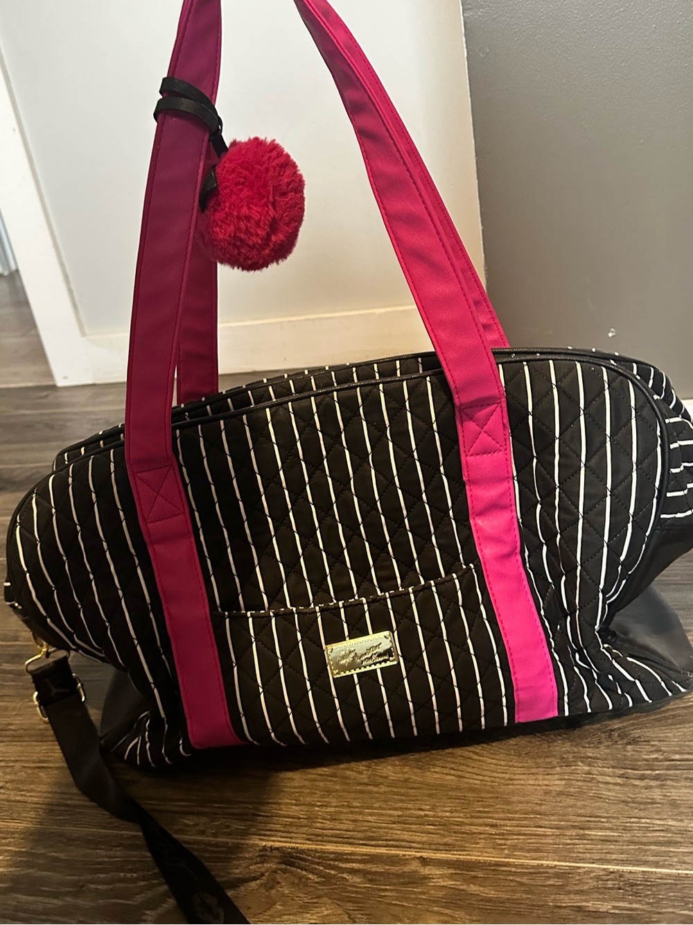 Betsey Johnson Black Quilted Tote with Pink Straps and Pom Accent